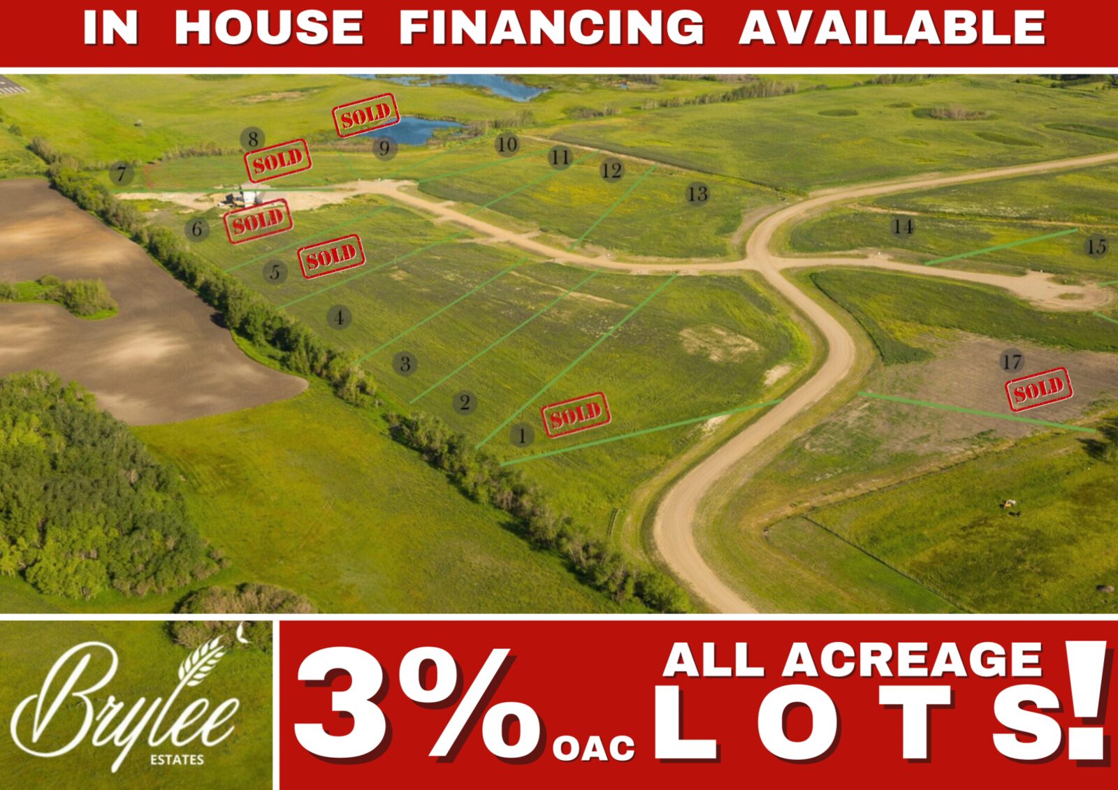 Aerial view of Brylee Estates Phase 1 with the sold lots marked - in-house financing available, 3% OAC on all acreage lots